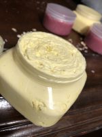 vegan body butter whipped and sugar scrub with essential oils after steeping in oatmeal for hydrating skin